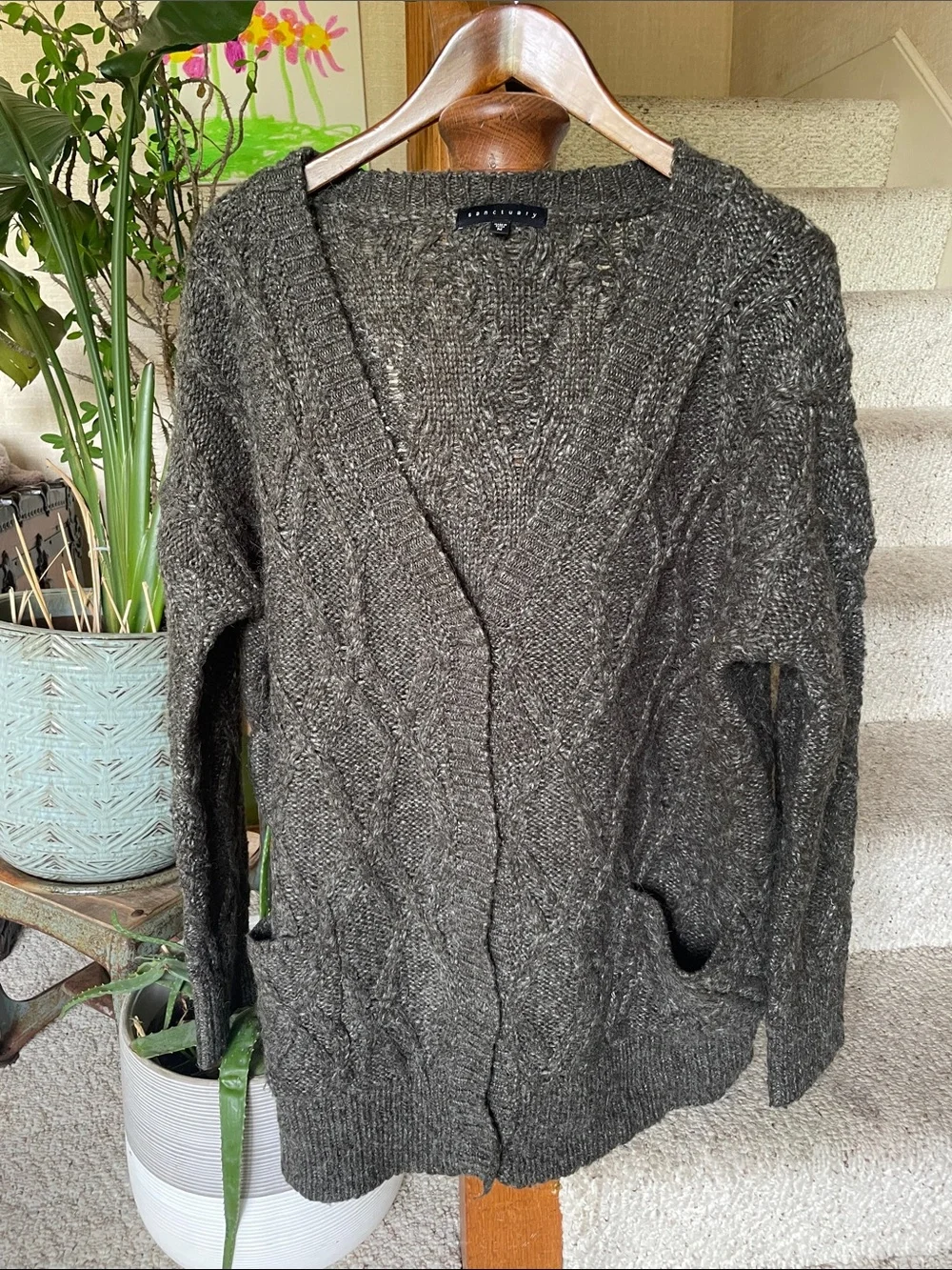 Sanctuary Dark Chunky Oversized Alpaca Wool Cable Knit OpenFront cardigan